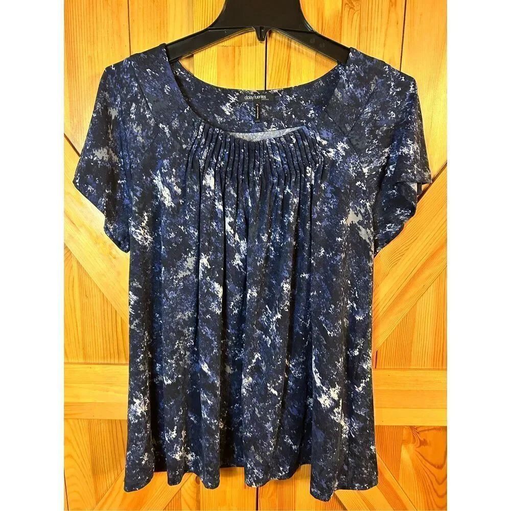 Daisy Fuentes Womens Petite Large blue black tan Pleated Neckline Top (3995)